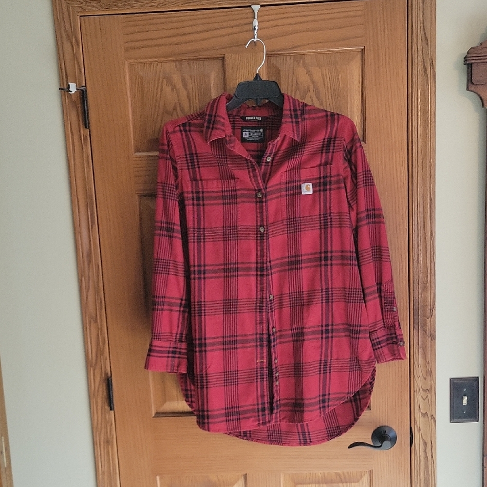 Carhartt Red and Black Plaid Button-Down Flannel Work Shirt